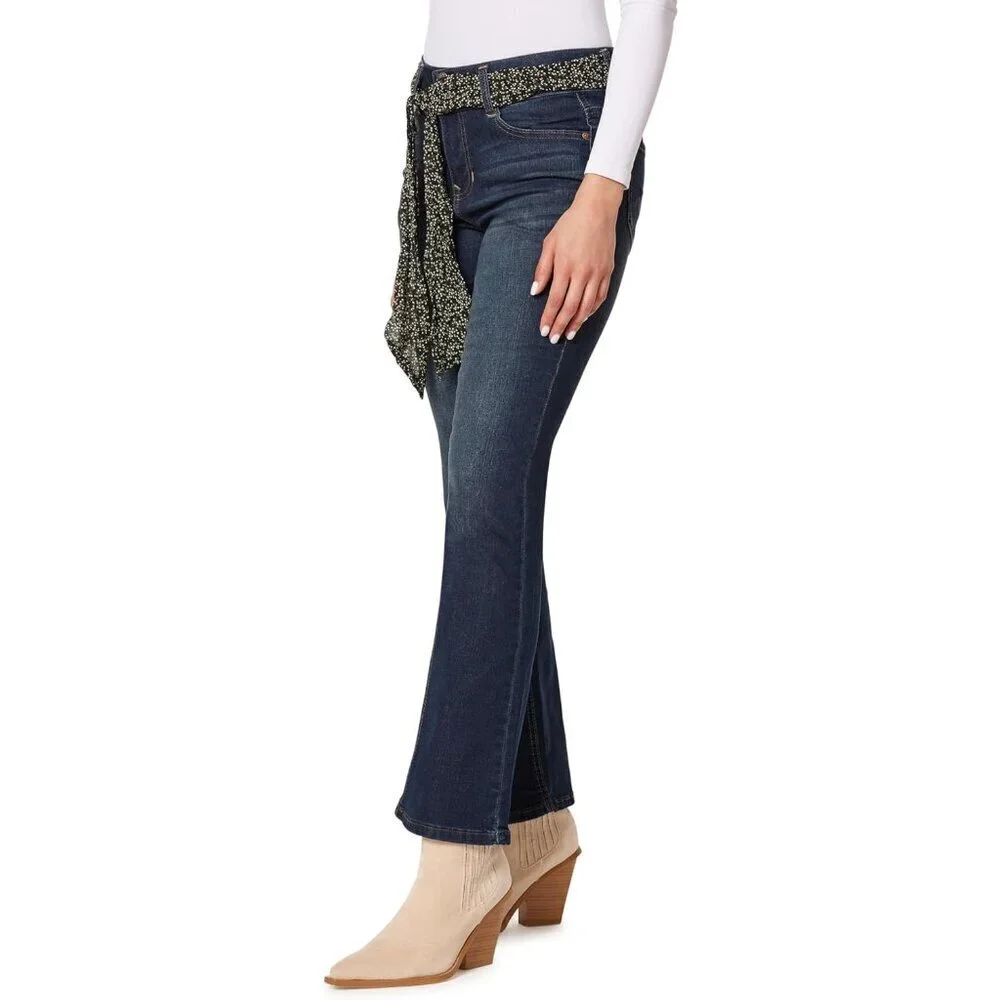 Women's Plus Size Stretch Denim Bootcut Jeans Belted Mid-Rise Curvy Fit